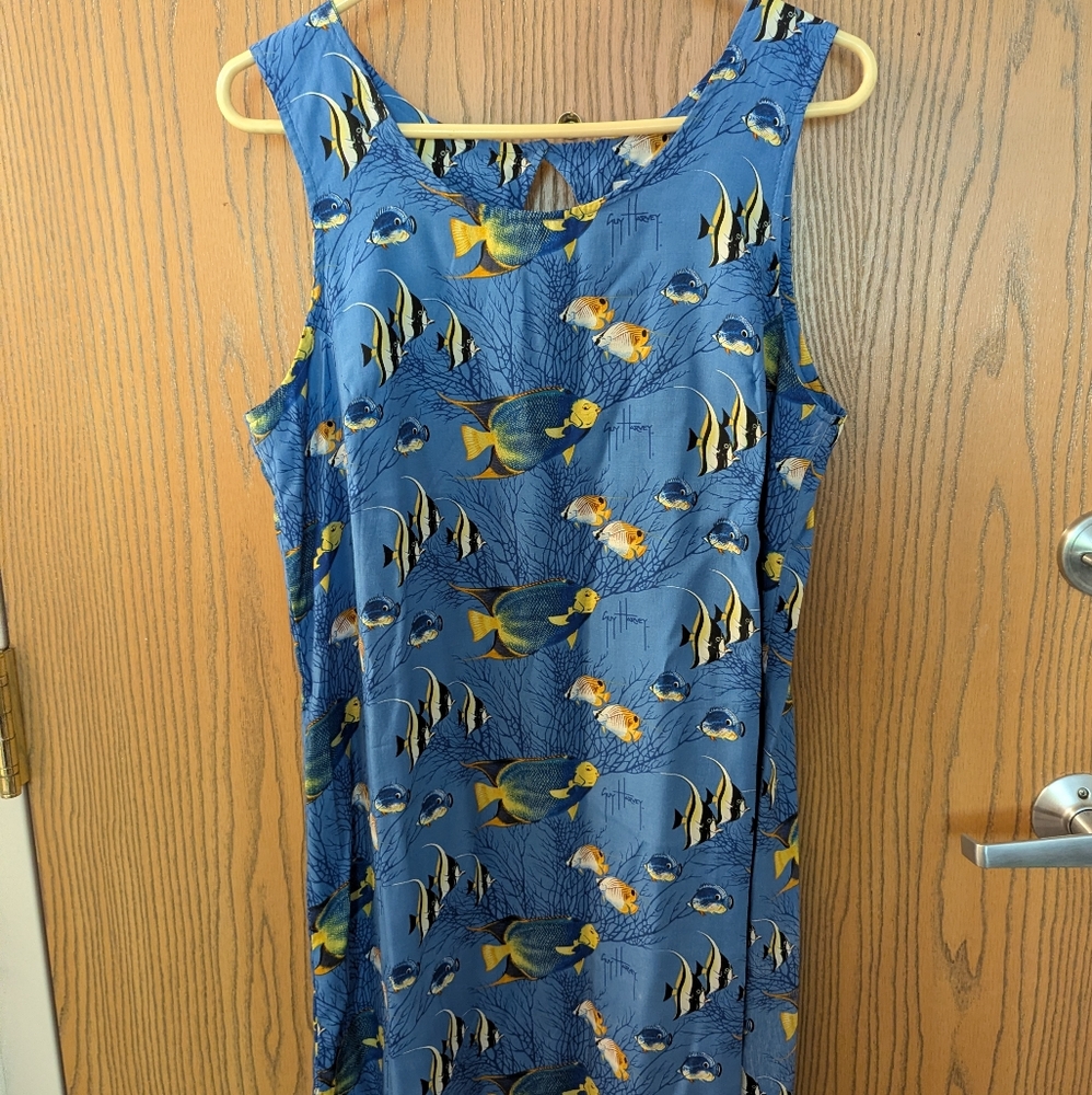 𝅺Guy harvey blue tropical fish rayon dress size L